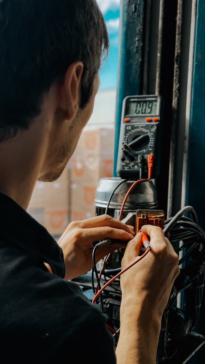 why-choose-us-02 Electrician using a multimeter to check voltages in an industrial setting.